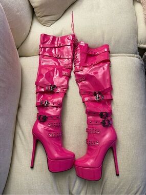 Vibrant Hot Pink Platform Knee-High Buckle Heeled Boots - Women
